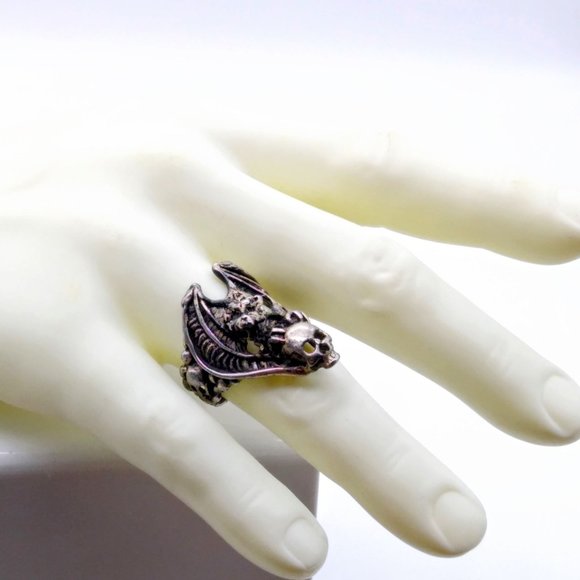 Vintage Biker Ring with Dragon and Skulls, Retro Gothic Silver Tone - Picture 2 of 7